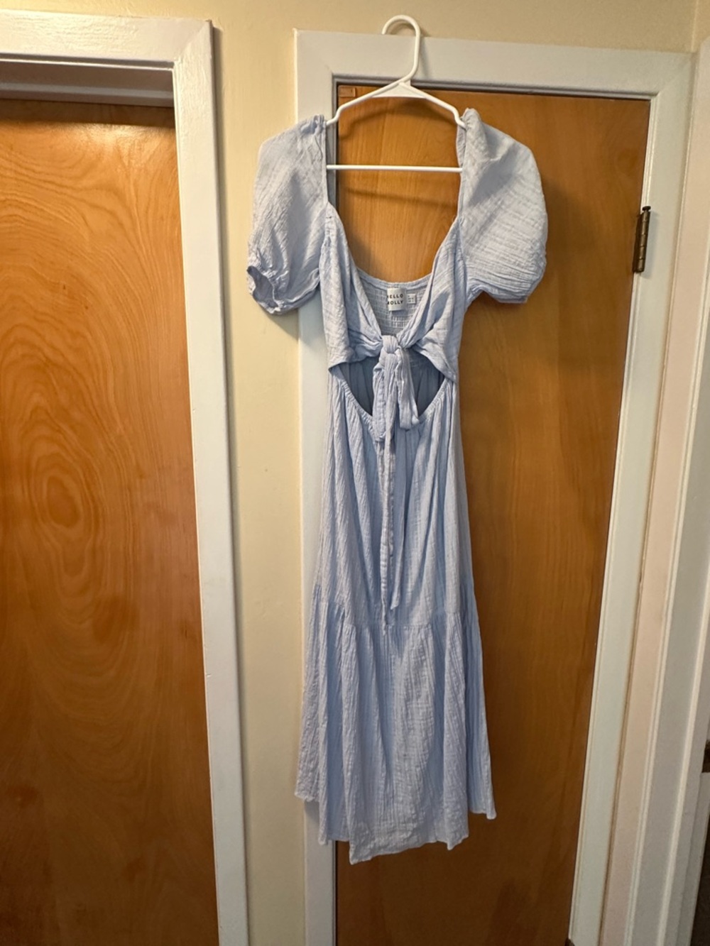 Hello Molly Light Blue Midi Dress with Front Tie and Puff Sleeves